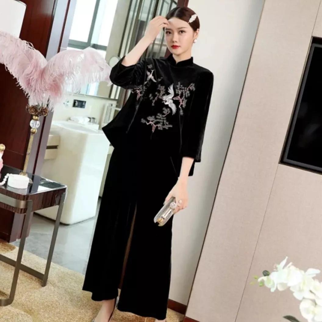 高档金丝绒旗袍套装最新款,冬款旗袍高端大气上档次超长款