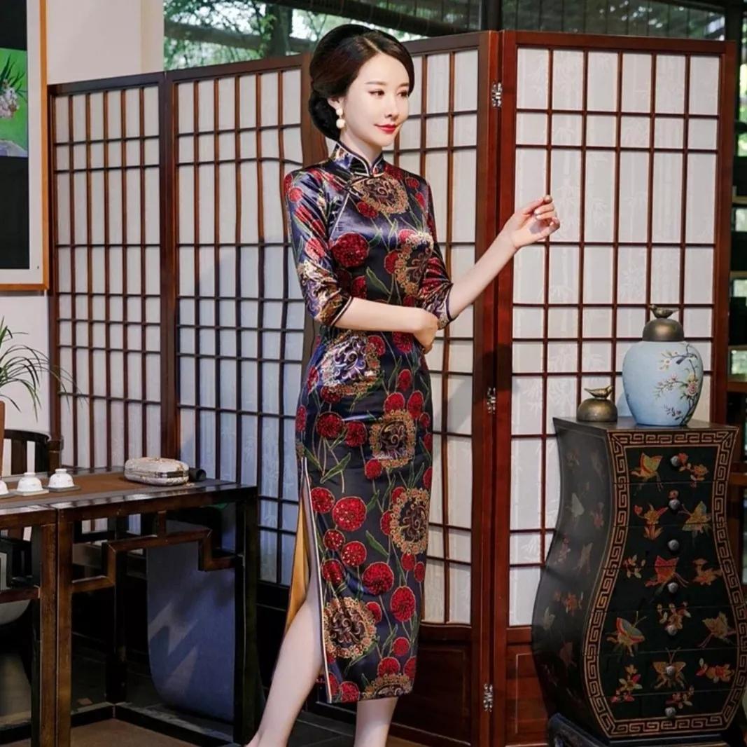 金丝绒旗袍打理,高档金丝绒旗袍长款长袖