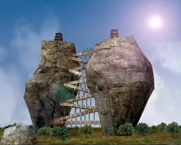 承德巨大岩石千年古塔,河北承德巨石上悬立两座古庙