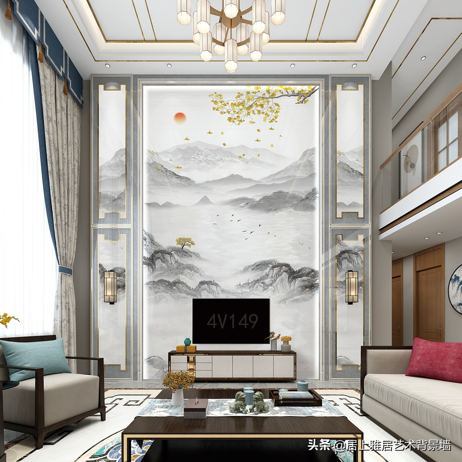 复式挑高沙发背景墙装饰画,自建房复式楼电视背景墙效果图