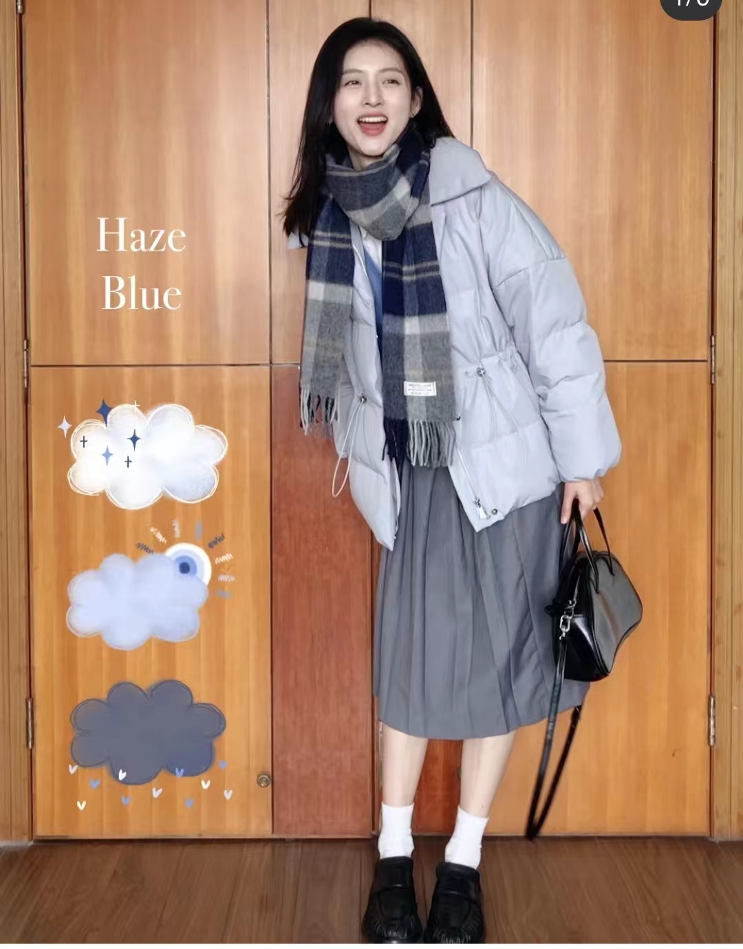 浅蓝色羽绒服怎样搭配黑色半身裙,短款白色羽绒服的最佳搭配半身裙