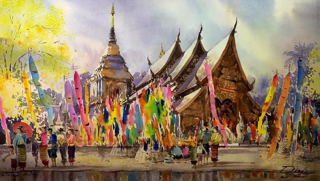 泰国水彩,泰国水彩画家绘画过程