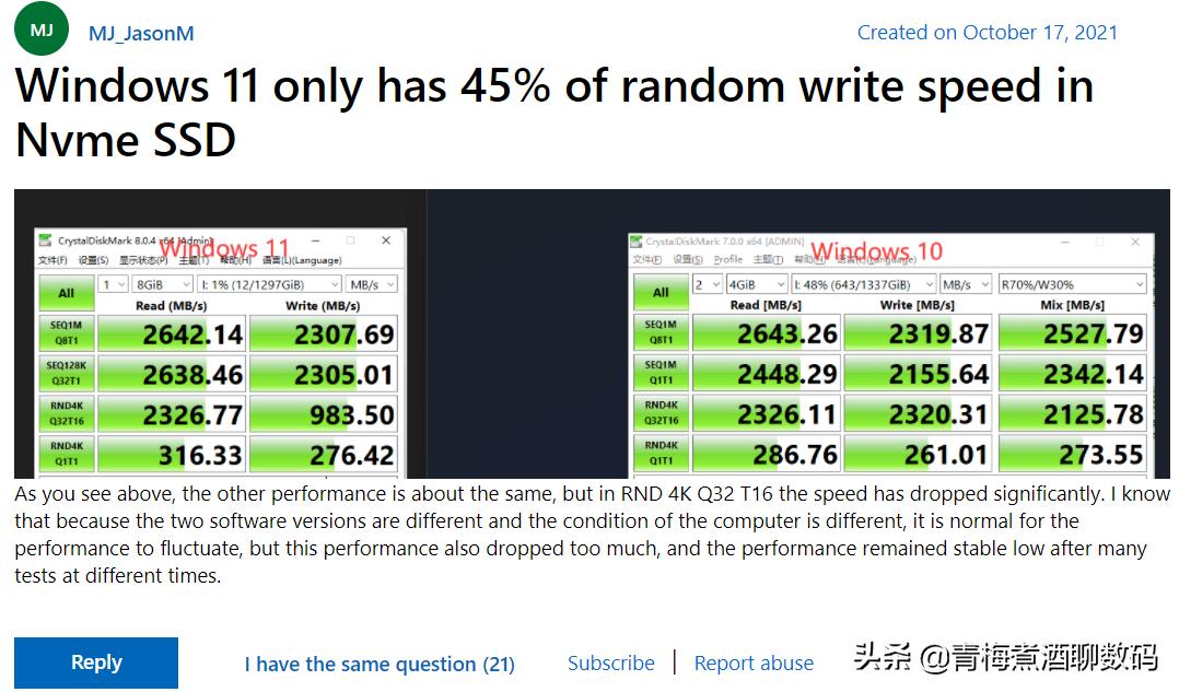 固态硬盘也拯救不了Windows11，随机写入速度只有Win10的一半