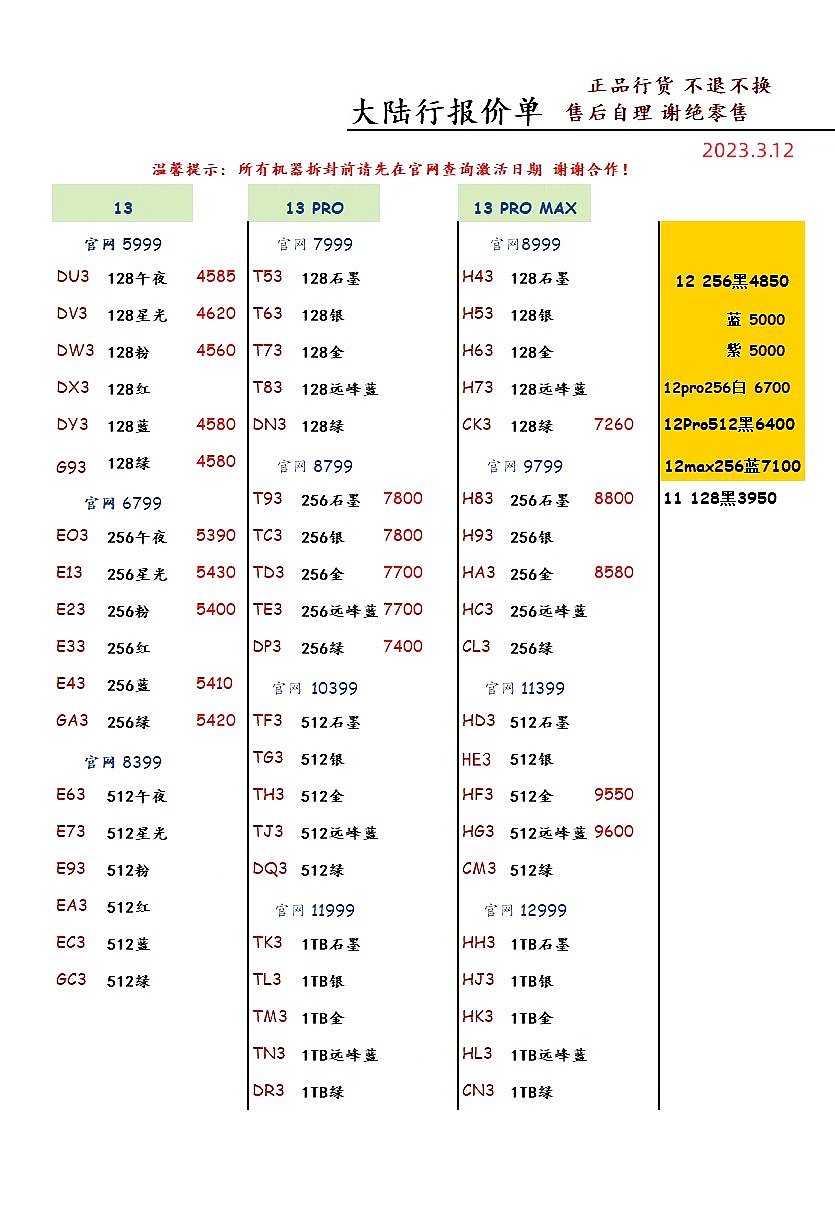 2023年12月手机批发价格一览表,深圳华强北2023年手机7月份报价表