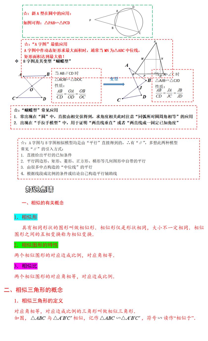 相似三角形八字模型解题技巧,相似三角形知识点总结思维导图