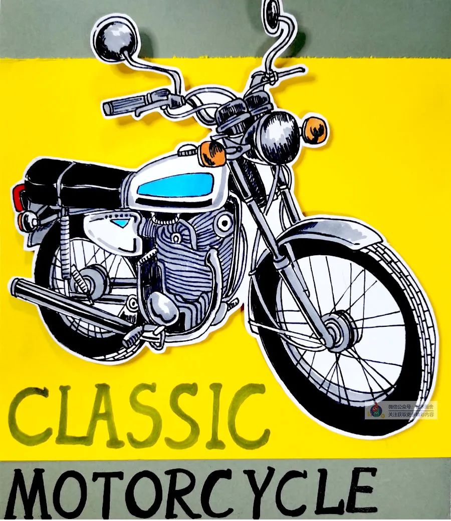 儿童画摩托车简单画法,摩托车线描画