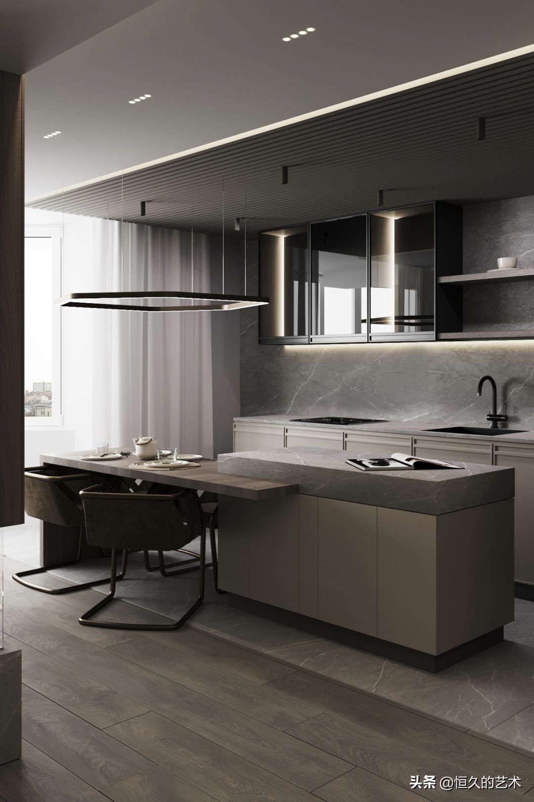 客厅石材木饰面效果,石材和实木搭配装修效果图