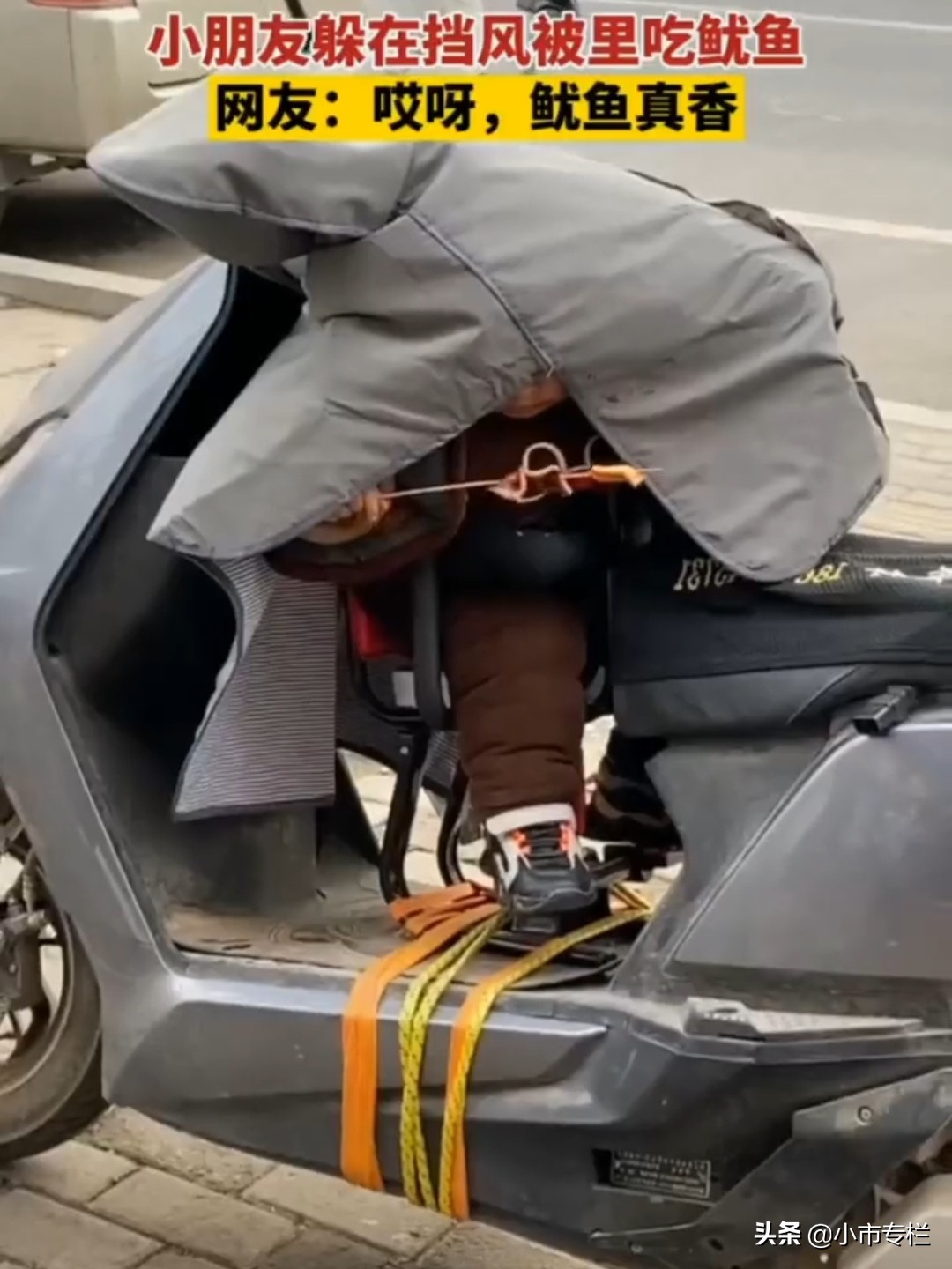 小朋友躲在挡风被里吃鱿鱼,萌娃躲在房间桌子底下吃烤鸭