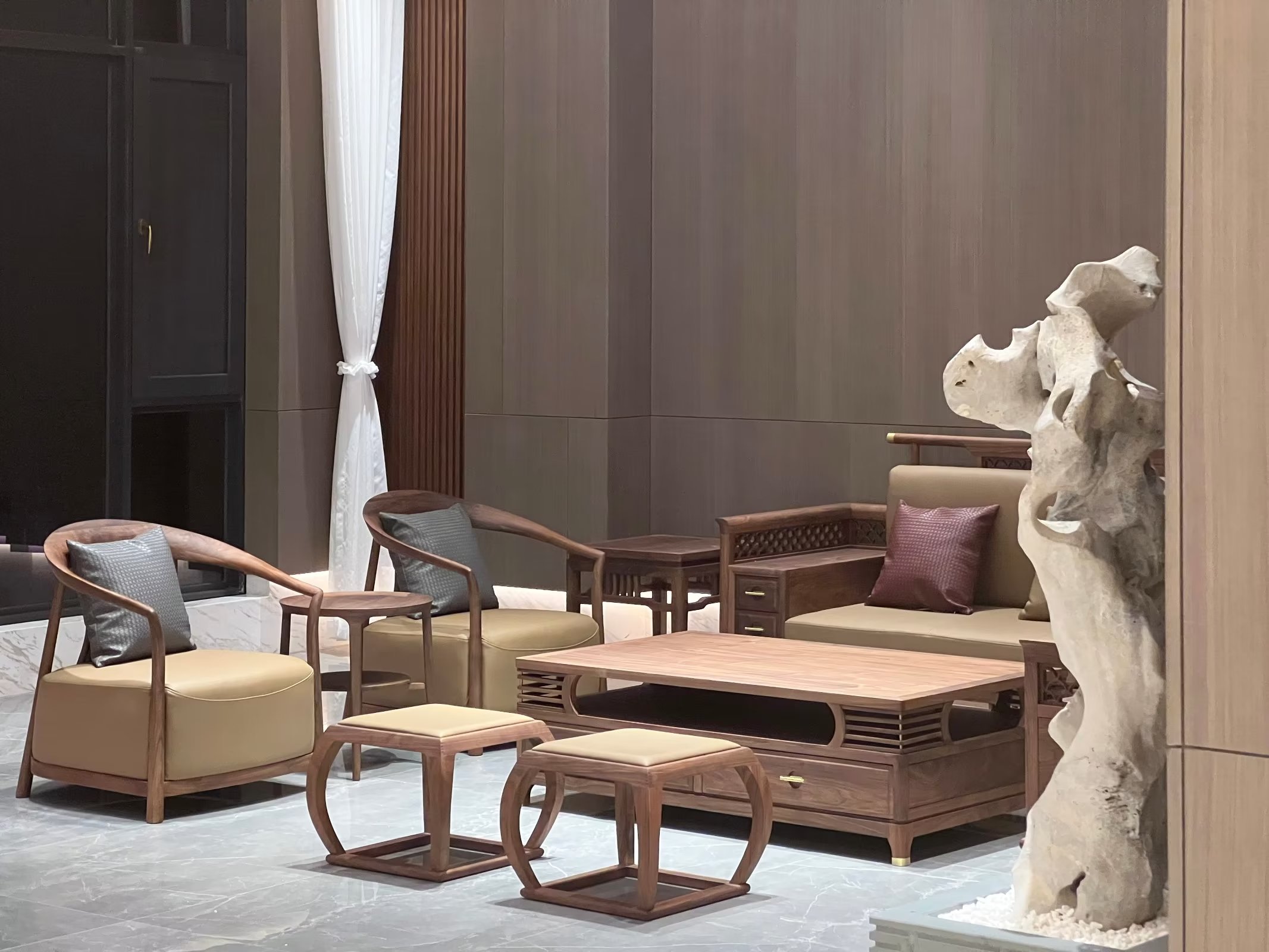 新中式黑胡桃木沙发改造翻新,迪美尔胡桃木新中式组合实木沙发