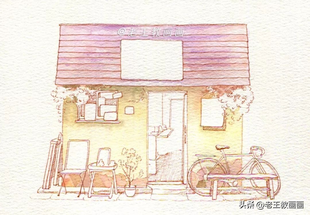 日式小屋水彩简单图片,烟雨系小清新森林水彩画