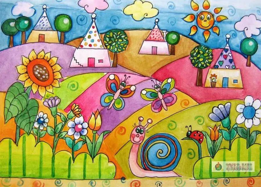 春日荡秋千放风筝儿童画,创意美术春日浪漫郁金香儿童画