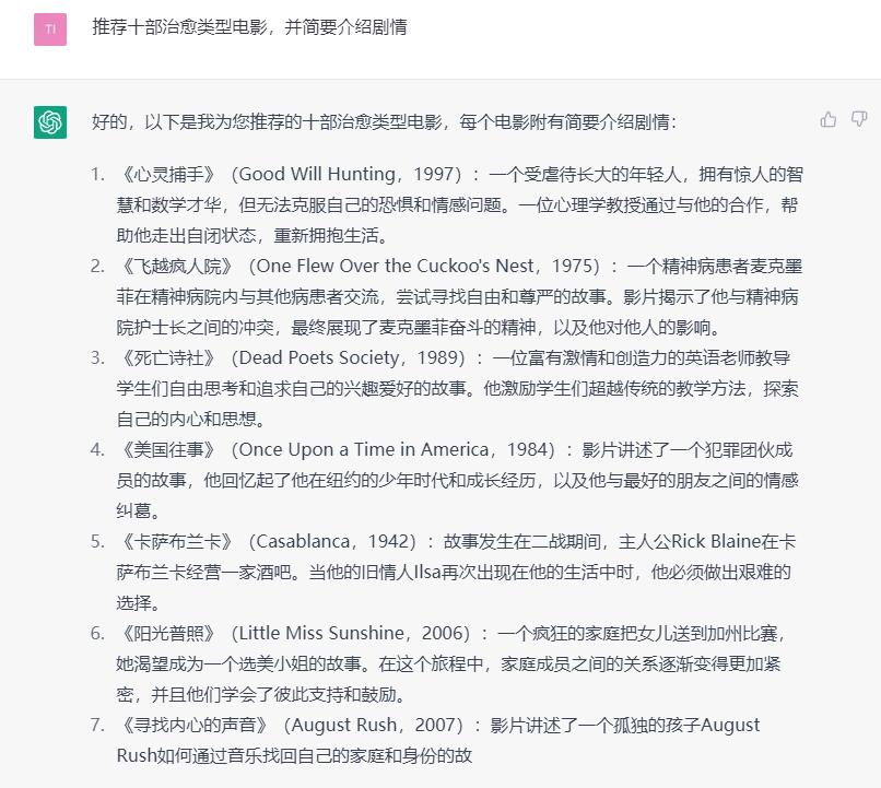 ChatGPT为你推荐了十部治愈类型电影