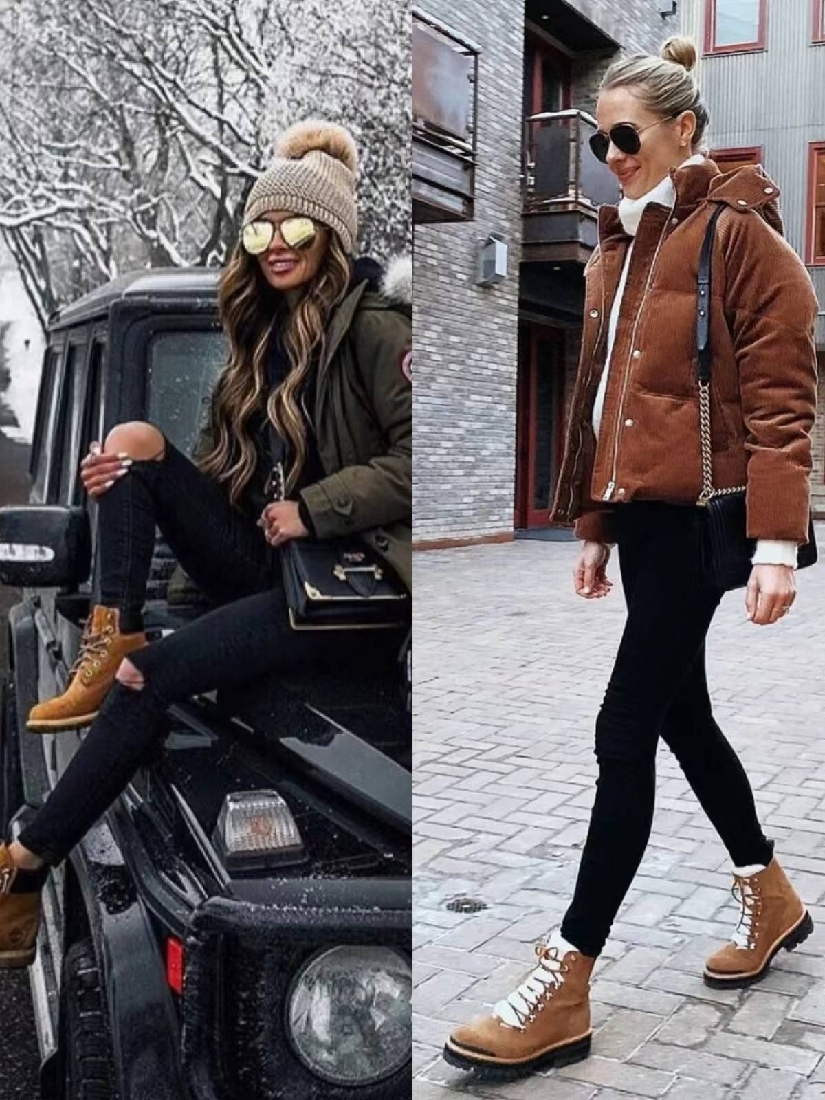 白色羽绒服配大黄靴马丁靴,今年流行的羽绒服配长筒靴