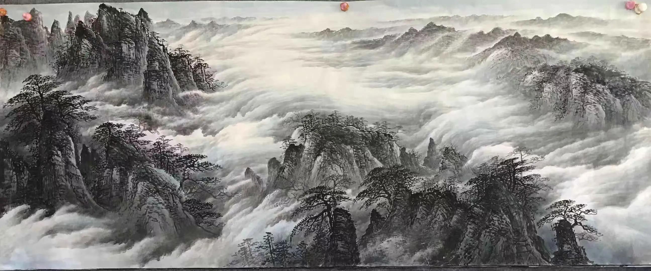 办公室山水画背景墙挂画流水生财,鸿运当头山水画背景墙办公室