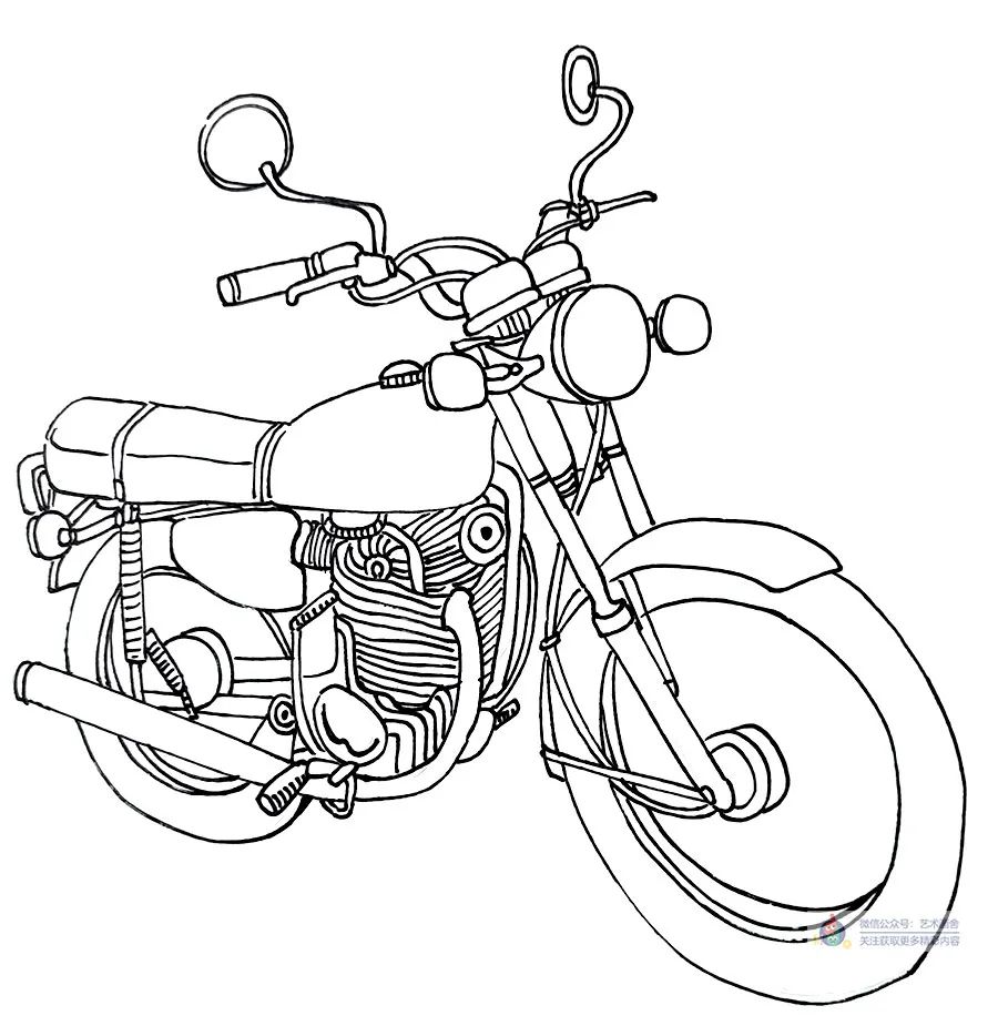 儿童画摩托车简单画法,摩托车线描画