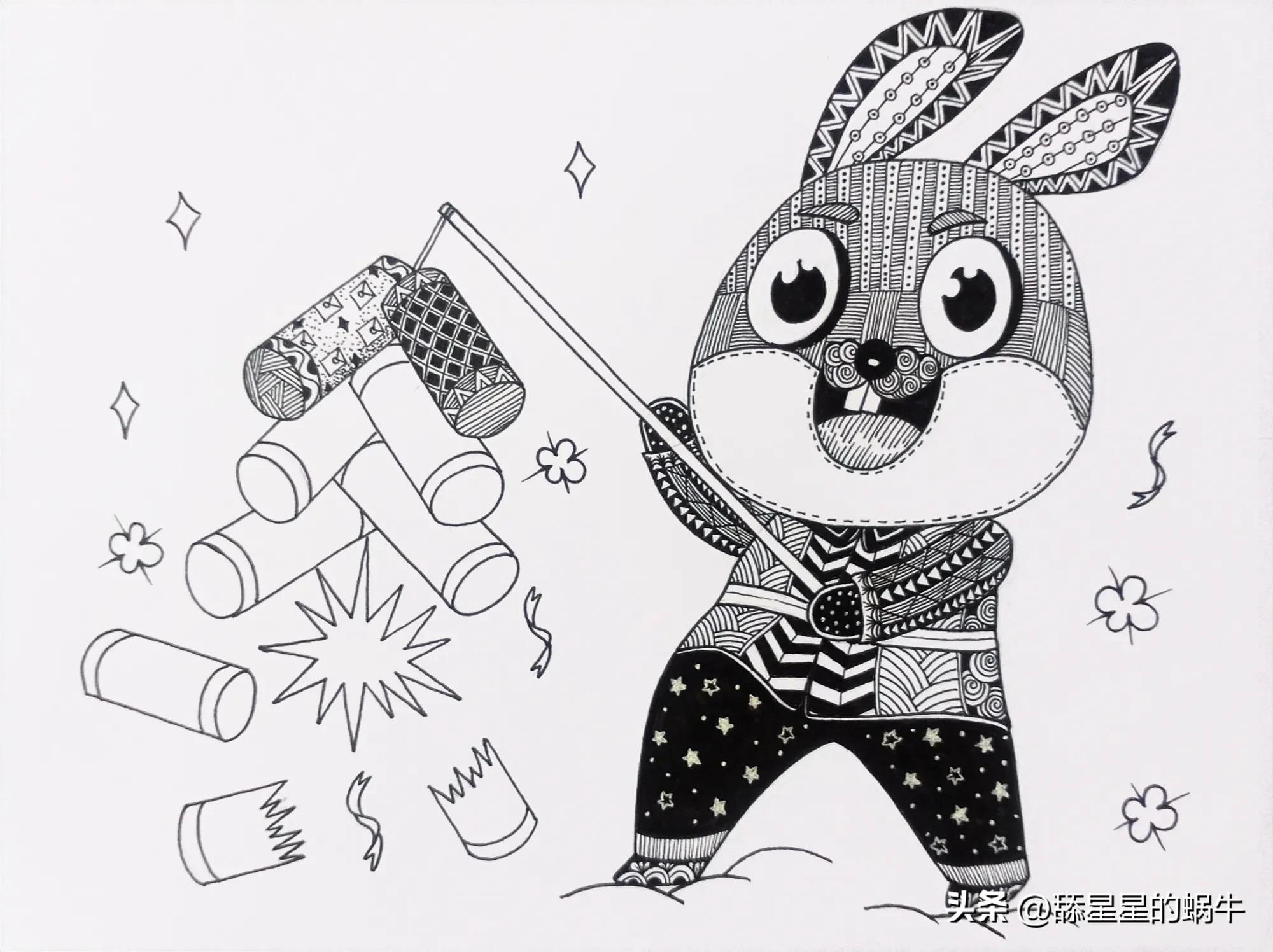 黑白线描画兔年大吉图文版,兔年主题画线稿怎么画