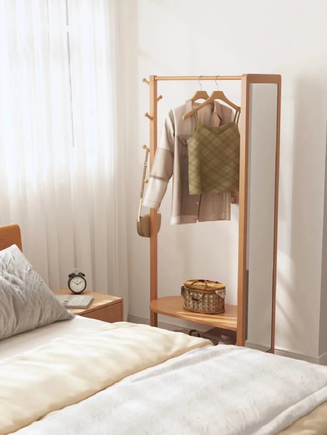 卧室镜子收纳一体挂墙,卧室墙面固定挂衣架镜子一体