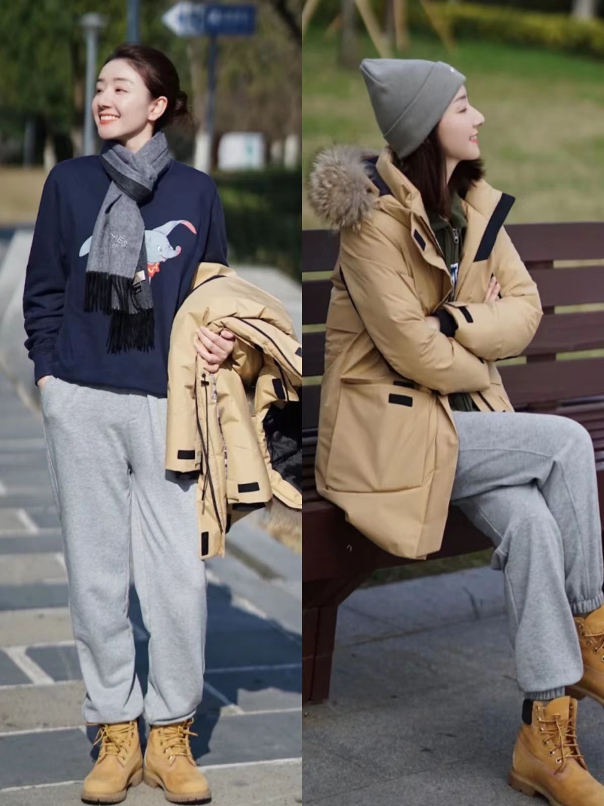 大黄靴羽绒服搭配,大黄靴长羽绒服