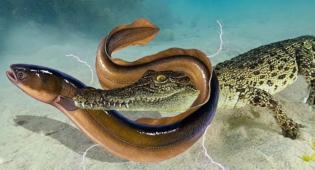 鳄鱼袭击电鳗打法视频,鳄鱼被电鳗电死