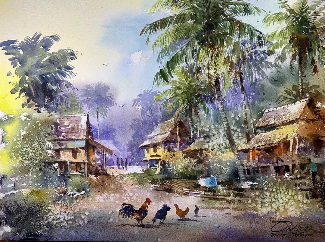 泰国水彩,泰国水彩画家绘画过程