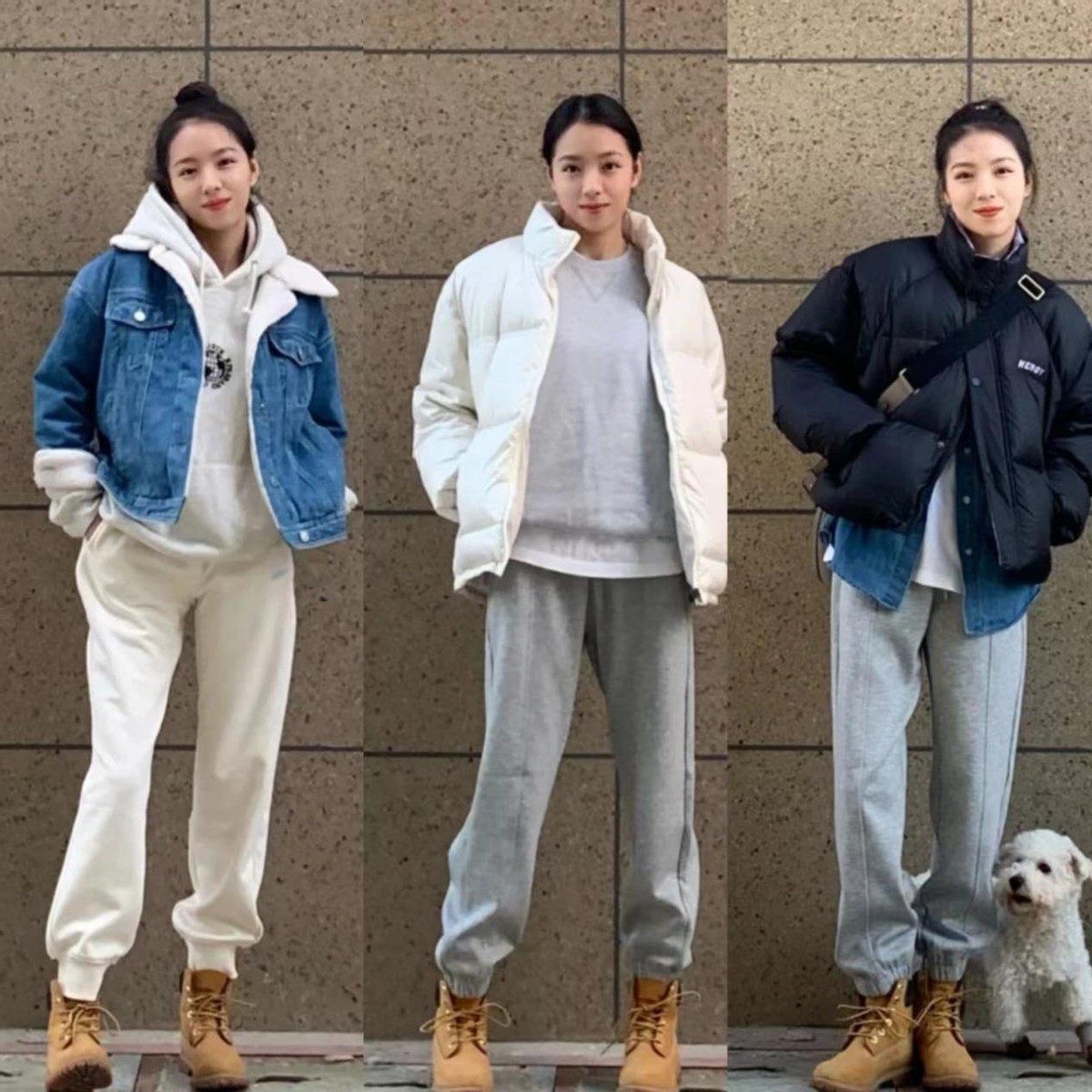 大黄靴羽绒服搭配,大黄靴长羽绒服