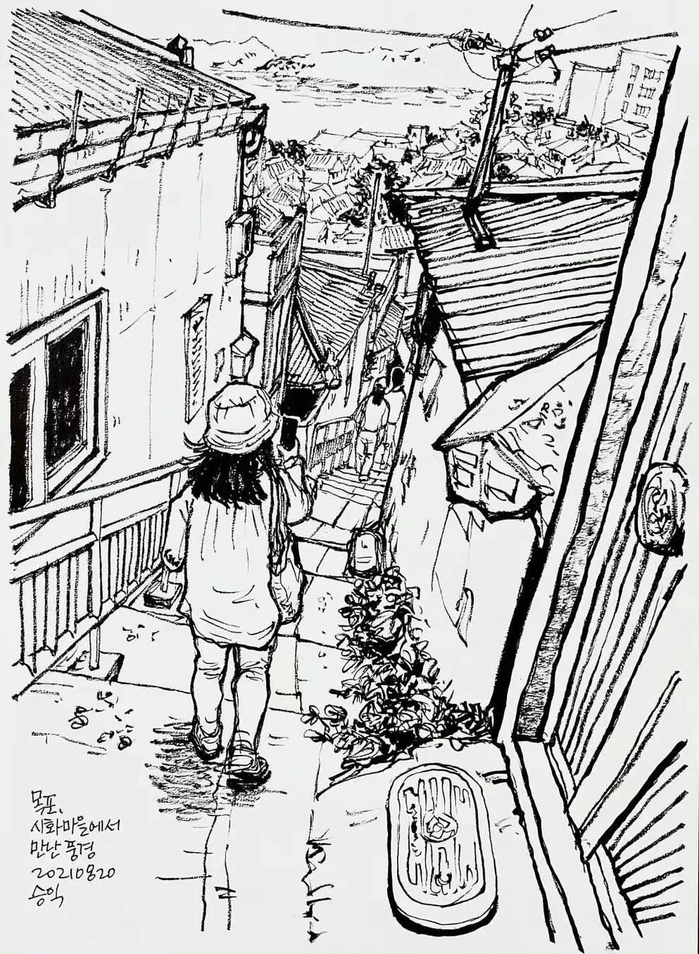 日本画家创作的铅笔街景速写,韩国速写大师