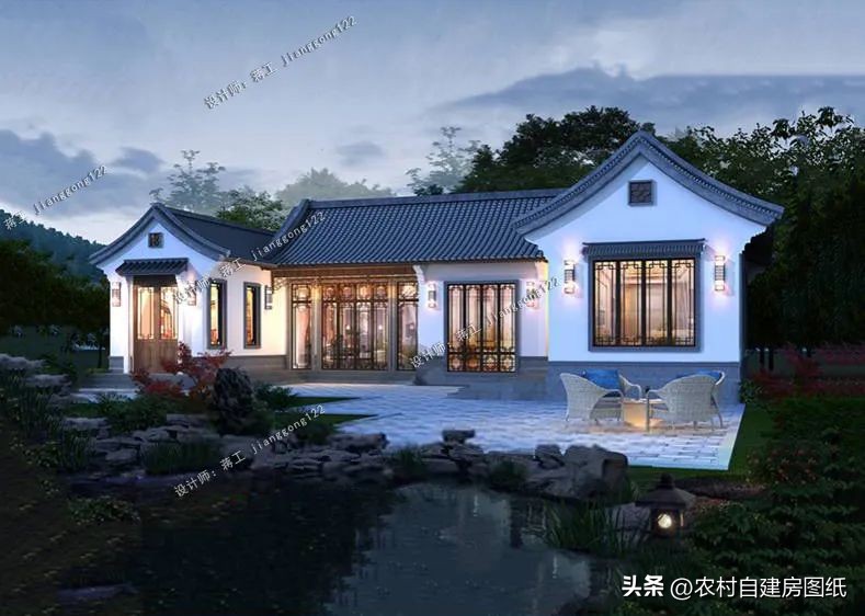 新中式一层平房别墅,农村一层新中式平房小院