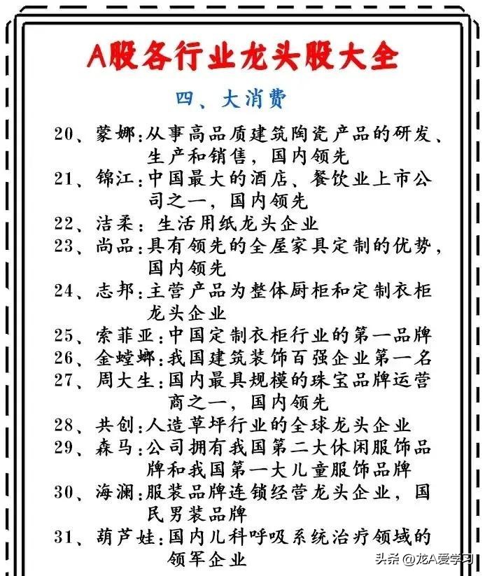 大A行业优质龙头股大汇总