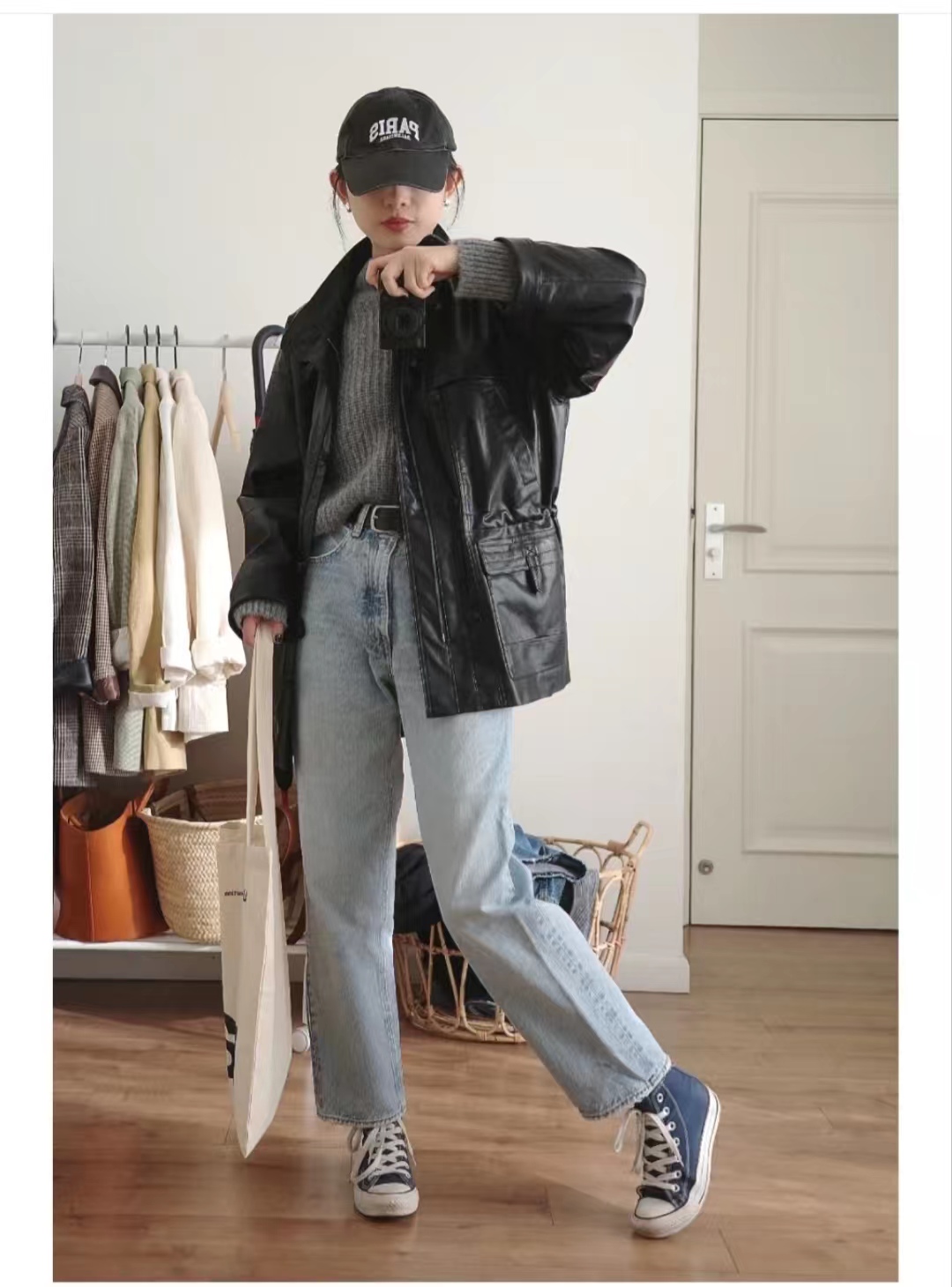 黑色皮衣套装甜酷风,皮衣复古风穿搭