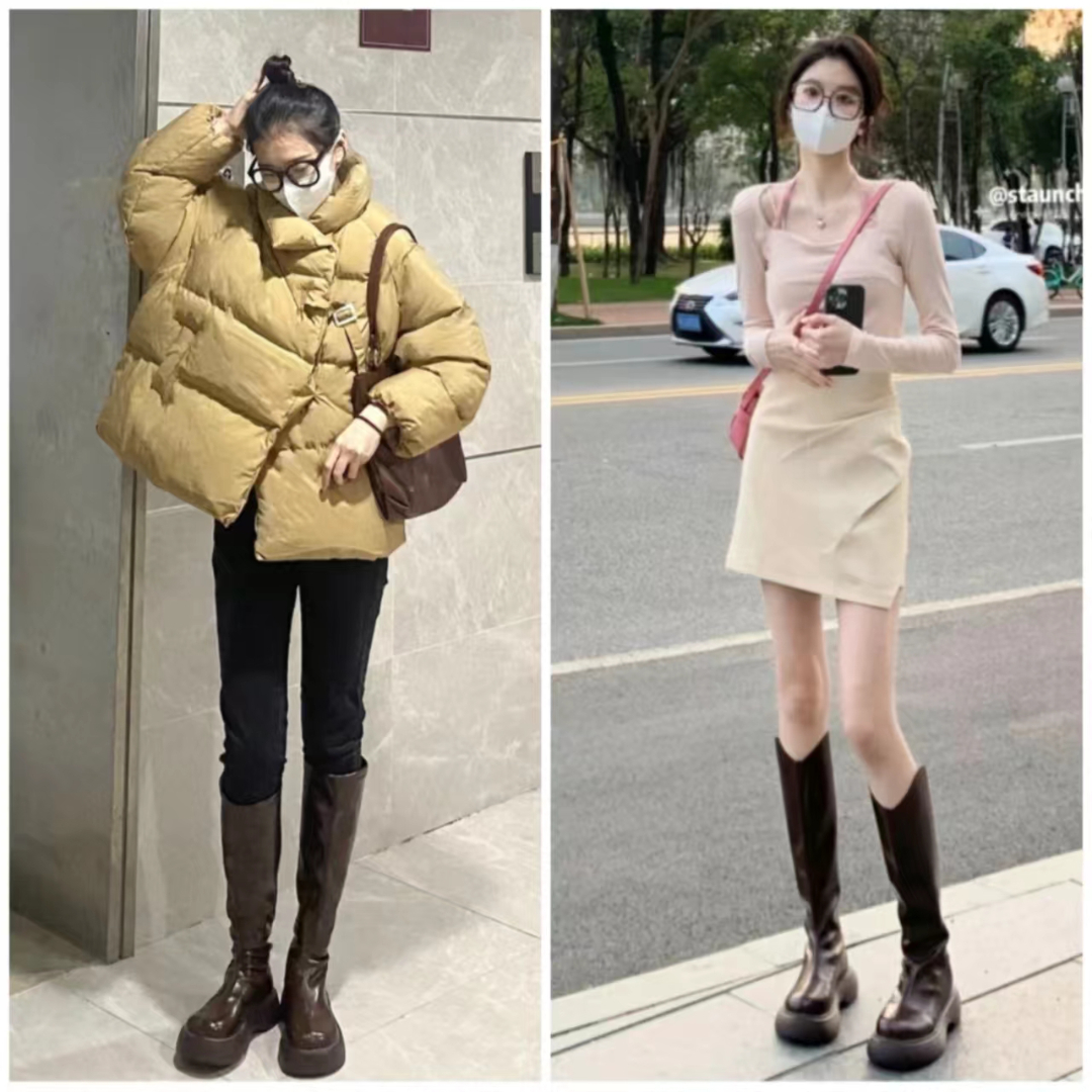 好穿又好搭时尚长筒宽靴,棕色长筒靴子女2022爆款洋气气质