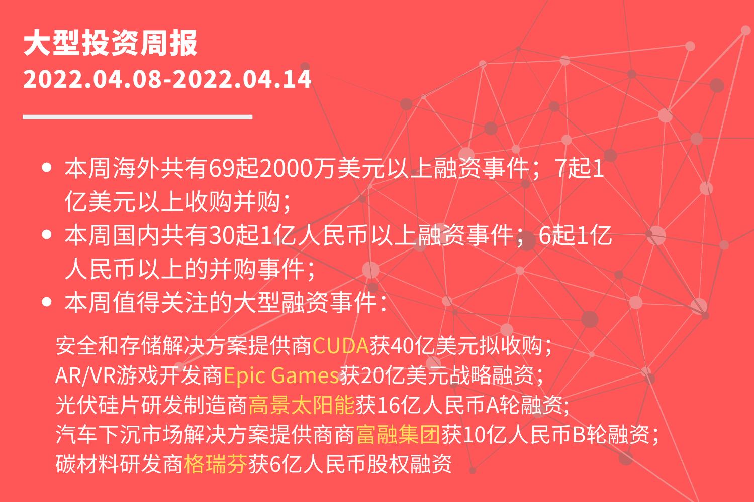 大型投资周报：安全和存储解决方案提供商CUDA获40亿美元拟收购