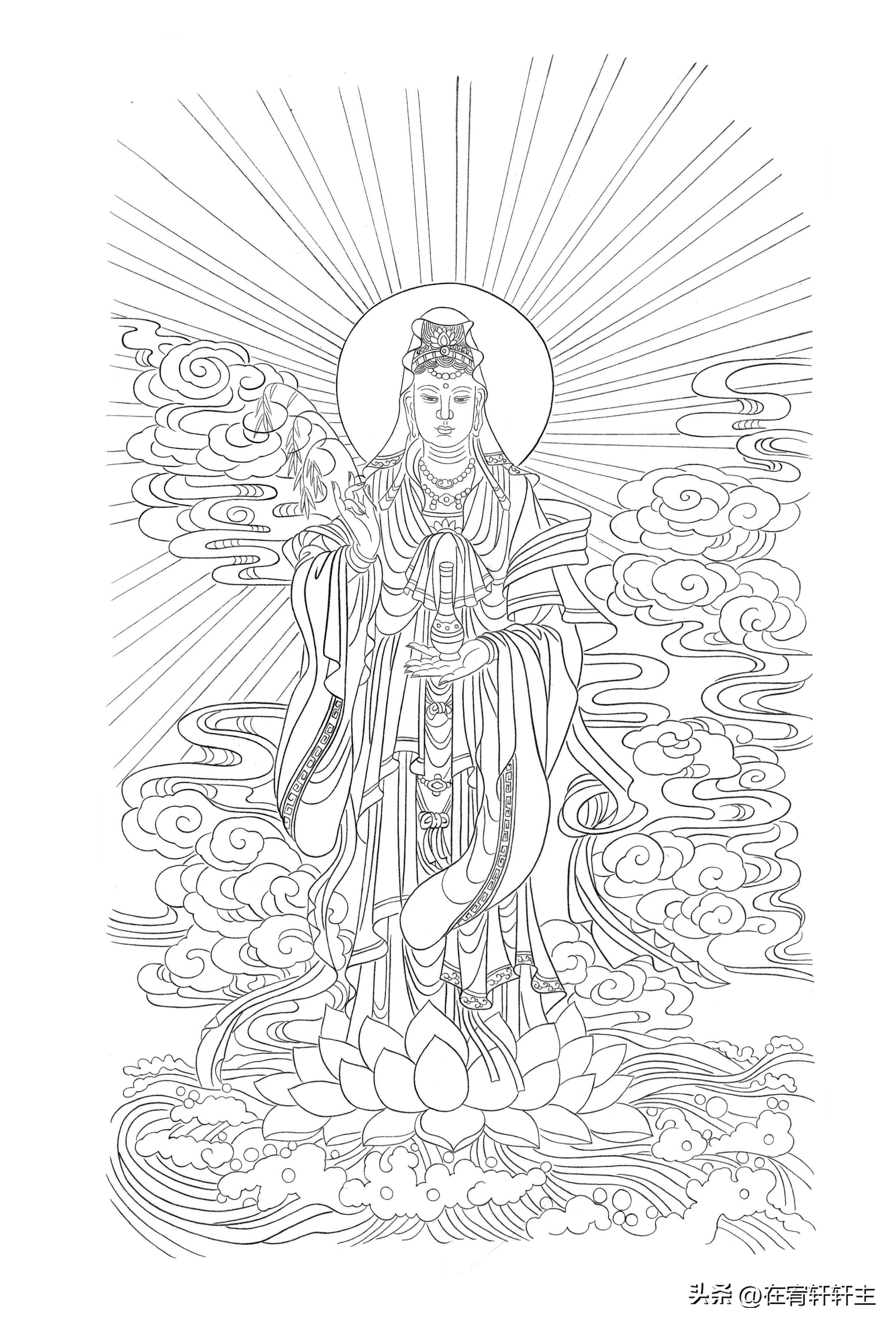 工笔白描观音苏柏斗,工笔画国画白描观音