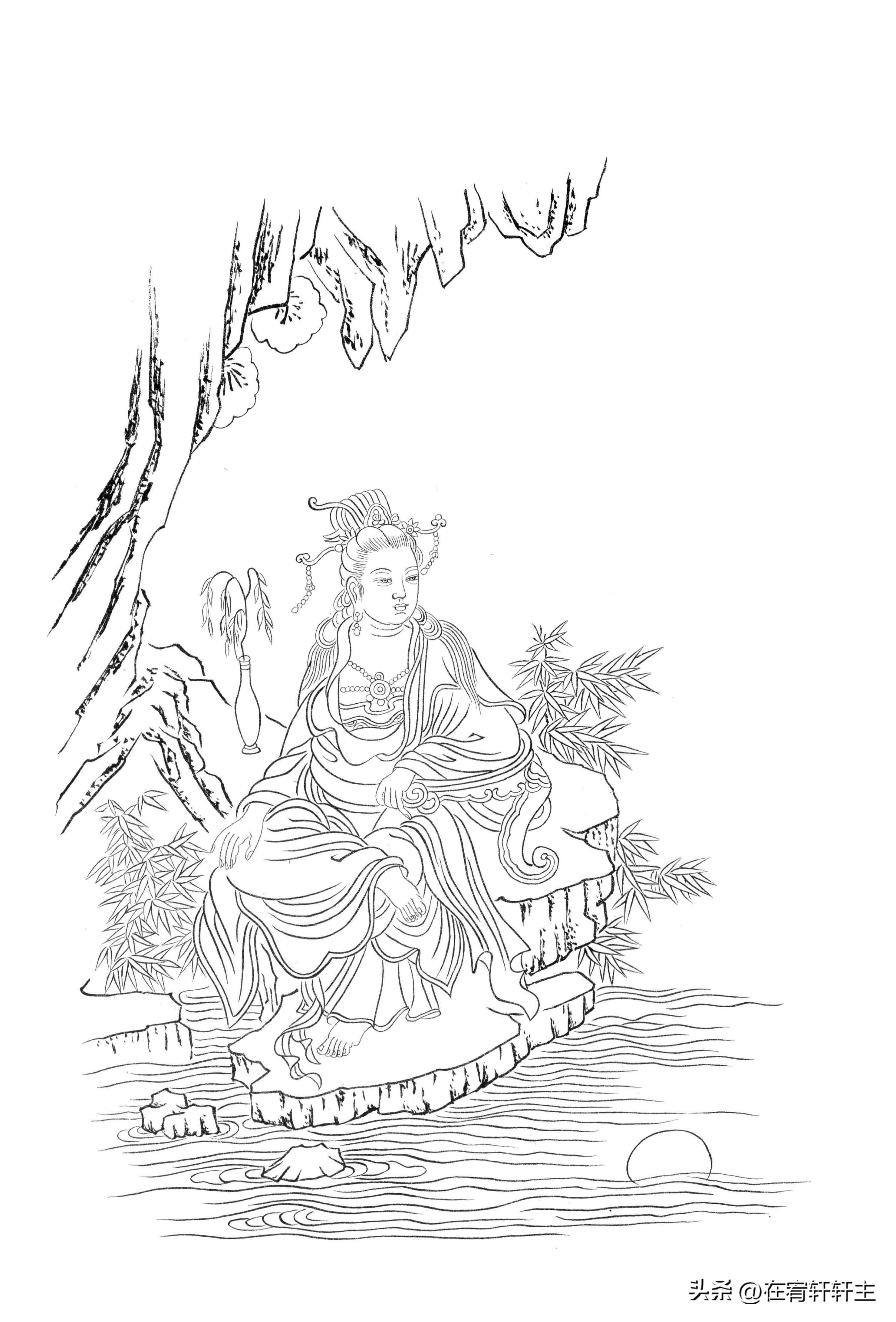 工笔白描观音苏柏斗,工笔画国画白描观音