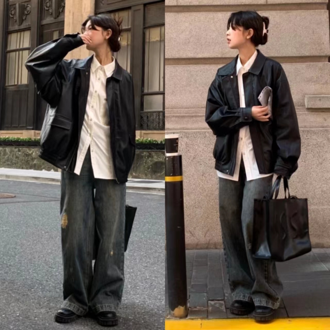 冬季黑色皮衣加棉高级感穿搭,黑色皮衣穿搭女秋冬