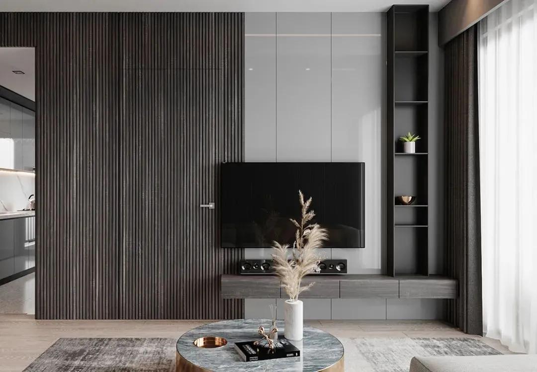 石膏线电视背景墙尺寸3.1米效果图,轻奢风装修2022新款电视背景墙纸