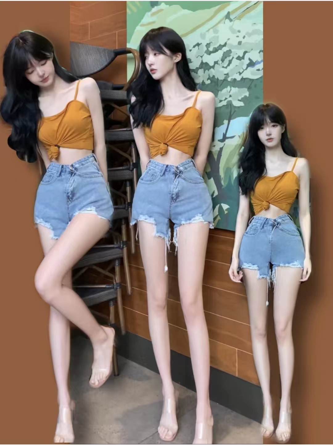 蓝色牛仔短裤女搭配,蓝色高腰牛仔铅笔裤