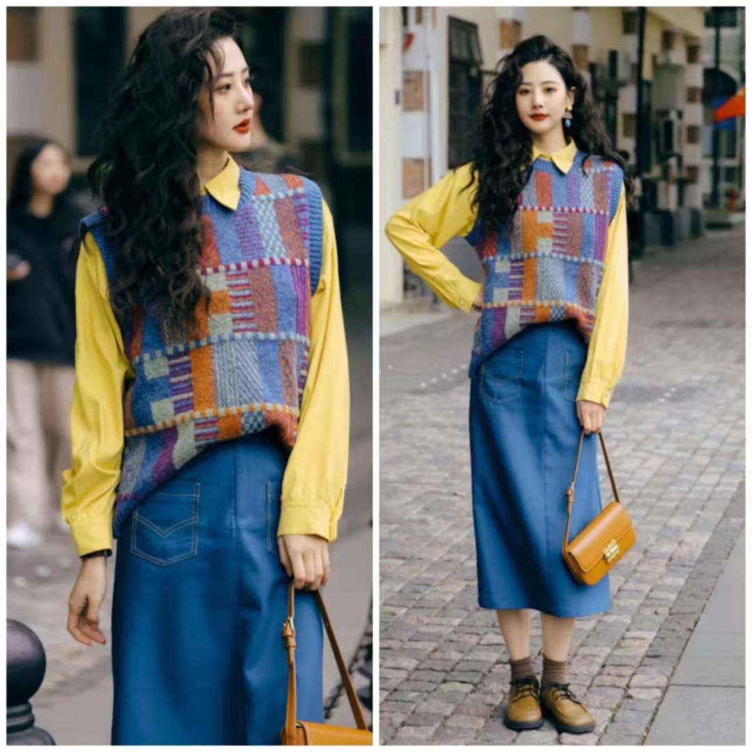 外穿洋气马甲搭格子衬衣,衬衫马甲叠穿什么外套