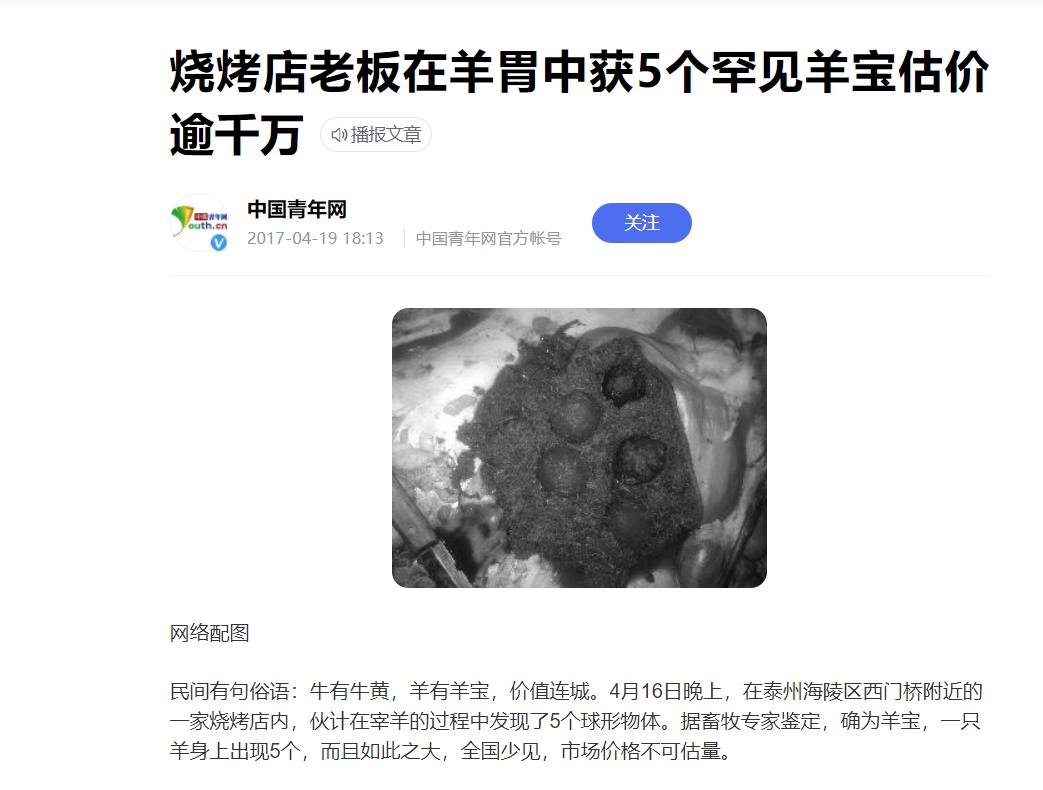 烧烤店宰羊发现羊肚里有5个羊宝，或价值百万！羊宝到底是什么？