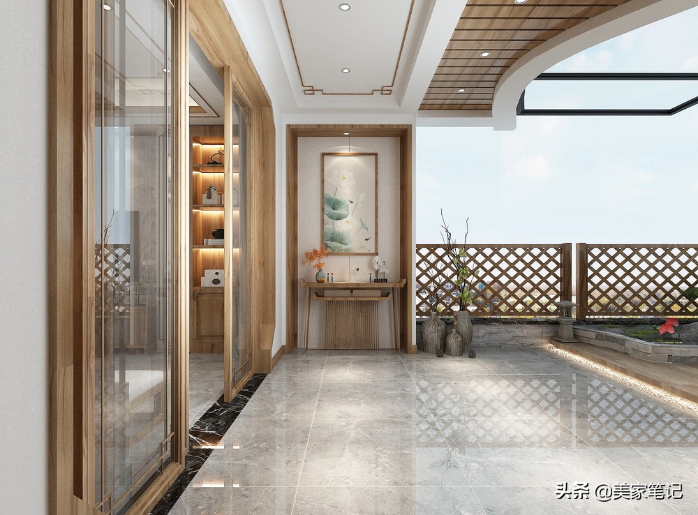 别墅新中式原木色禅意茶室背景,新中式原木色禅意风格装修效果图