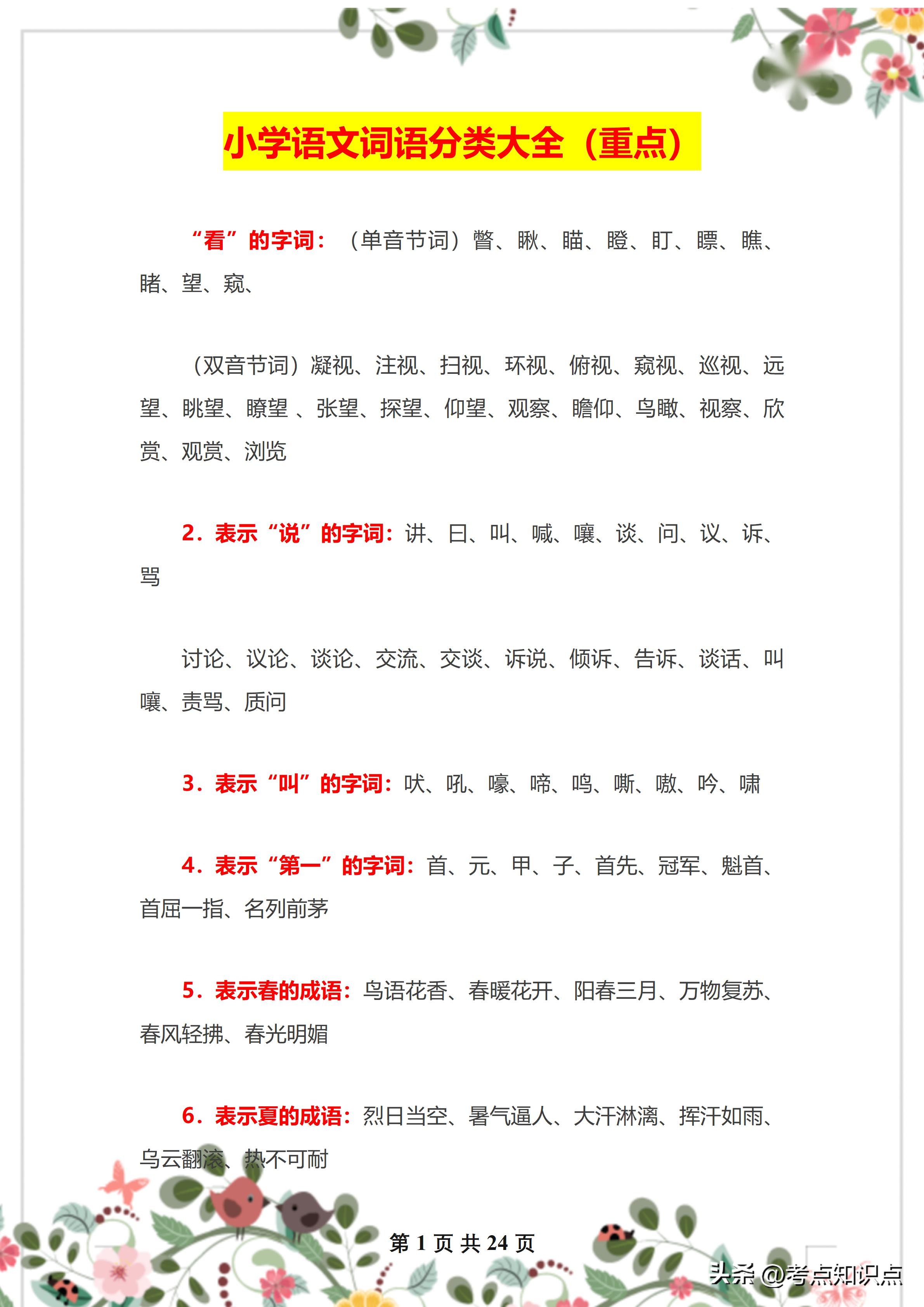 小学语文必考词汇分类汇总,语文老师整理小学语文词语大全