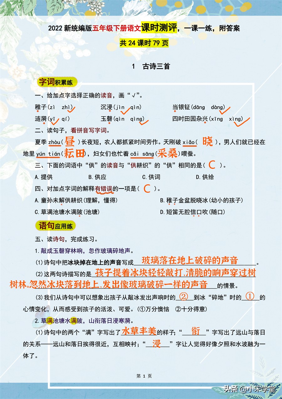 五年级下册语文一课一练参考答案,语文五年级下册练习与测评答案