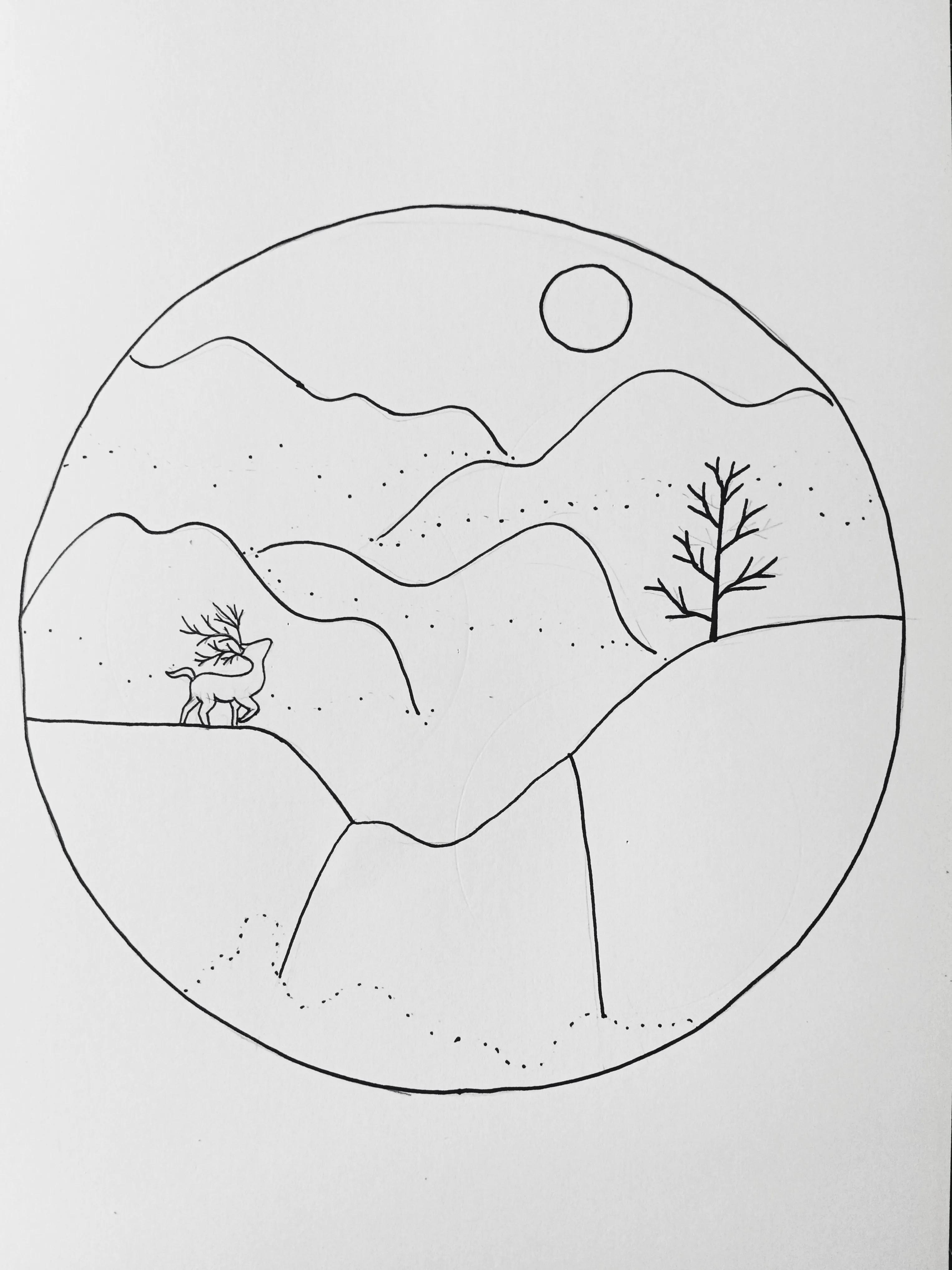 用线条勾画一幅风景画,勾线笔黑色线条风景画