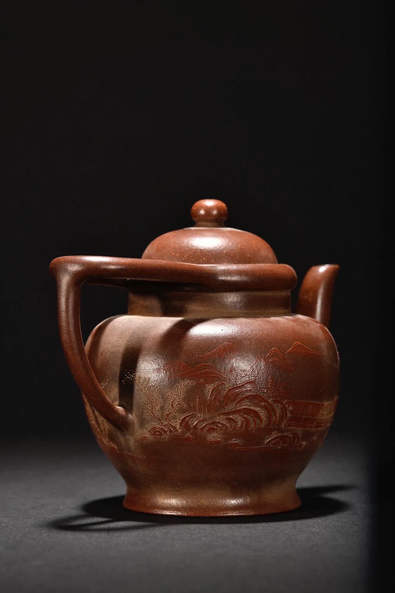 旧藏紫砂山水意境茶壶,紫砂茶壶款式名称加图片