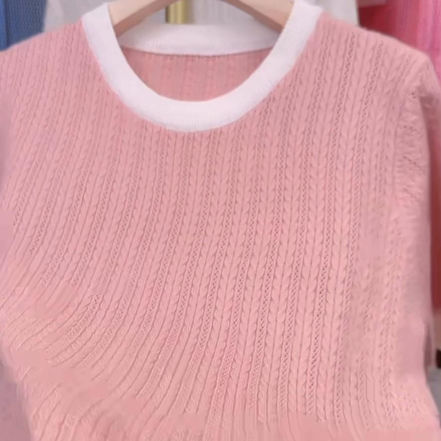 针织衫女夏短袖宽松慵懒感,2024新春夏季薄款镂空针织衫