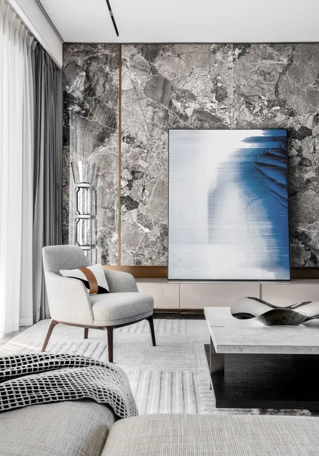 轻奢风电视背景墙大理石灰,新中式高级灰大理石电视背景墙