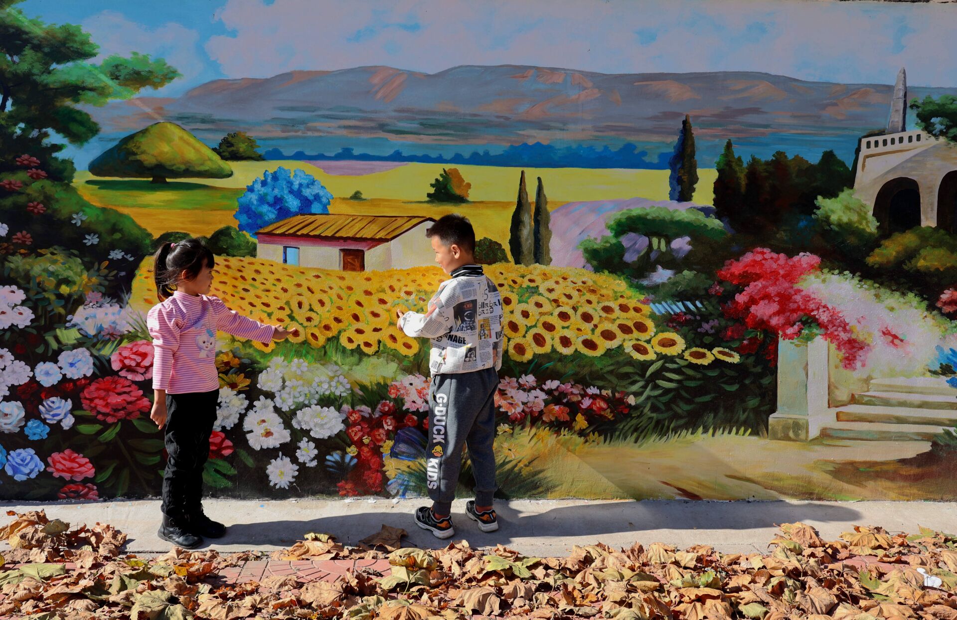 手绘3d风景,水彩风景画乡村田园古镇